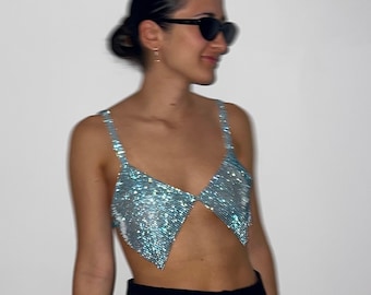 Diamond Top | Bikini Chainmail Lined Top, Crystal Mesh Party Going Out Nightclub Sequins Rhinestone Bralette Rave Festival Outfit Strass Y2K