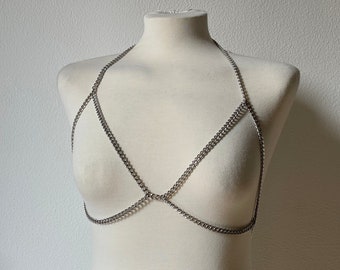 Bikini Body Chain | Top Accessory Handmade Unique Silver Crop Top Body Jewellery Rave Wear Party Outfit Summer Beach Festival Clothing