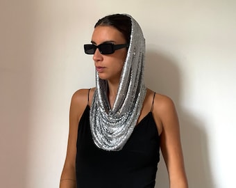 Chainmail Hood | Headpiece Hair Accessory Hooded Metal Mesh Party Outfit Going Out Night club Sequins Y2K Festival Look Rave Wear Costume