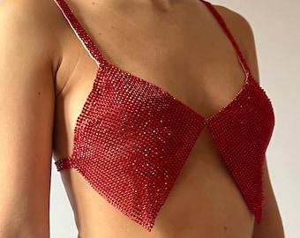 Diamond Crystal Top (Red) | Chainmail Metal Mesh Party Going Out Nightclub Sequin Rhinestone Bralette Bikini Rave Festival Outfit Strass Y2K