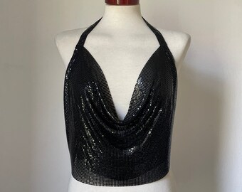 Delphine Metal Black Top | Chainmail Mesh Party Going Out Night Club Y2K Aesthetic Sequin Rhinestone Festival Wear Summer Rave Outfit