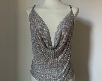 Hazel Top | Straight Cut Chainmail Crystal Metal Mesh Party Going Out Night Club Sequins Rhinestone Diamond Sexy Rave Festival Outfit Strass