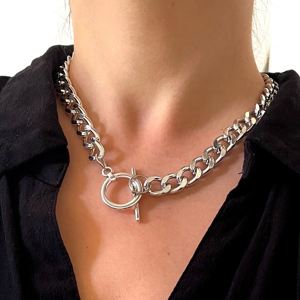 Chain Necklace | Aluminium Thick Chain, Handmade Silver Oval Link Chain, Thick Chunky Choker, For Men Woman Unisex, Spring Summer Gift
