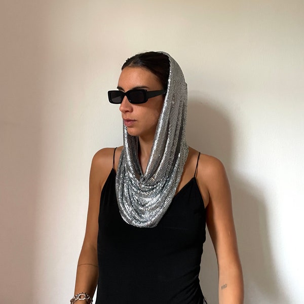 Capuche en cotte de mailles | Bandeau accessoire pour cheveux à capuche en maille métallique tenue de fête sortir boîte de nuit paillettes an 2000 look festival Rave Wear Costume