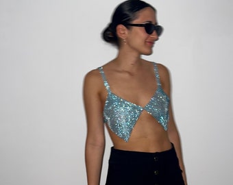 Diamond Top | Bikini Chainmail Lined Top, Crystal Mesh Party Going Out Nightclub Sequins Rhinestone Bralette Rave Festival Outfit Strass Y2K