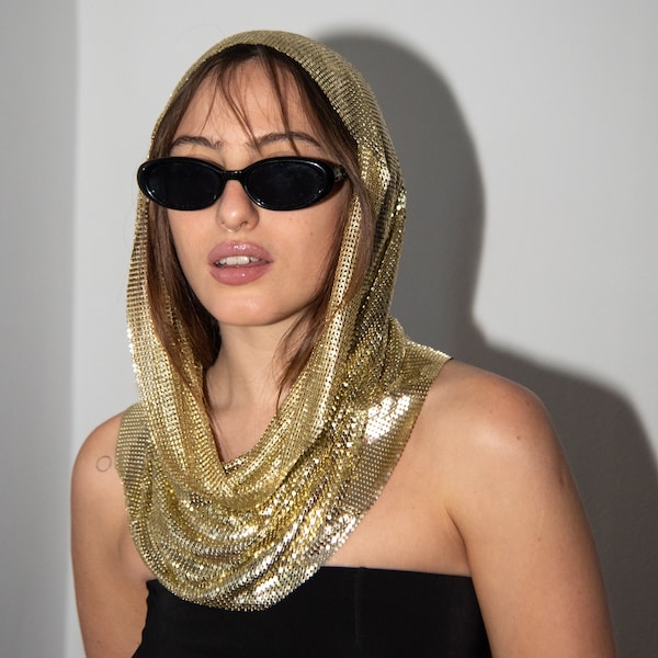 Chainmail Hood (Gold) | Headpiece Hair Accessory Metal Mesh Party Outfit Going Out Night club Sequins Y2K Festival Look Rave Wear Costume