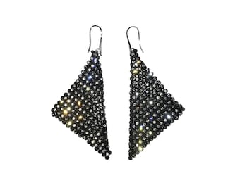 Duchess Earrings | Crystal Metal Mesh Earring Rhinestone Sparkly Sequins Chainmail Paris Hilton Silver and Black Triangle Earrings