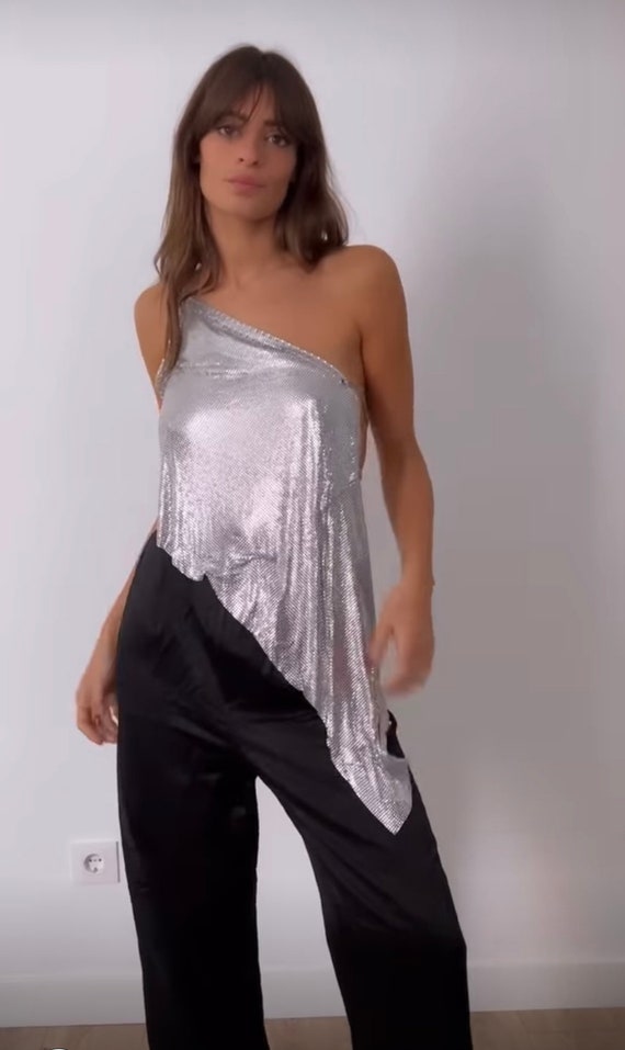 one shoulder silver top