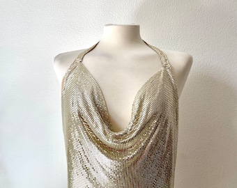 Delphine Gold Metal Top | Chainmail Mesh Party Going Out Night Club Sequin Rhinestone Diamond Festival Wear Summer Holiday Rave