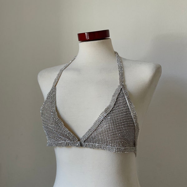 Bikini Crystal Lined Top | Crystal Metal Mesh Chainmail Party Going Out Nightclub Sequin Rhinestone Bralette New Year Rave Outfit Gift Idea