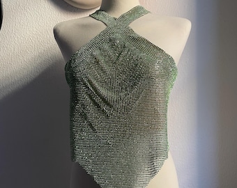 Nina Chainmail Halter Top (Green): Handmade Rhinestone Mesh, Y2K Party Rave Outfit