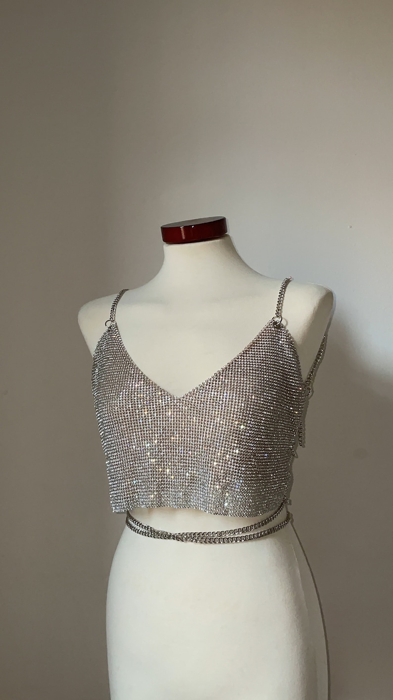 Crop Crystal Set Top & Skirt Bundle, Two Piece Set Crystal Mesh Chainmail Y2K Going out Outfit Party Look Sequin Night club Sparkly Rave image 7