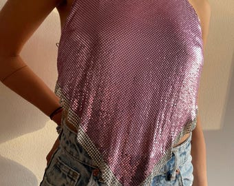Top de paleta / Top de malla de malla estilo fiesta Top para salir Top estilo halter estilo Y2K con espalda abierta Ropa de festival Ropa rave Disfraz con diamantes de imitación
