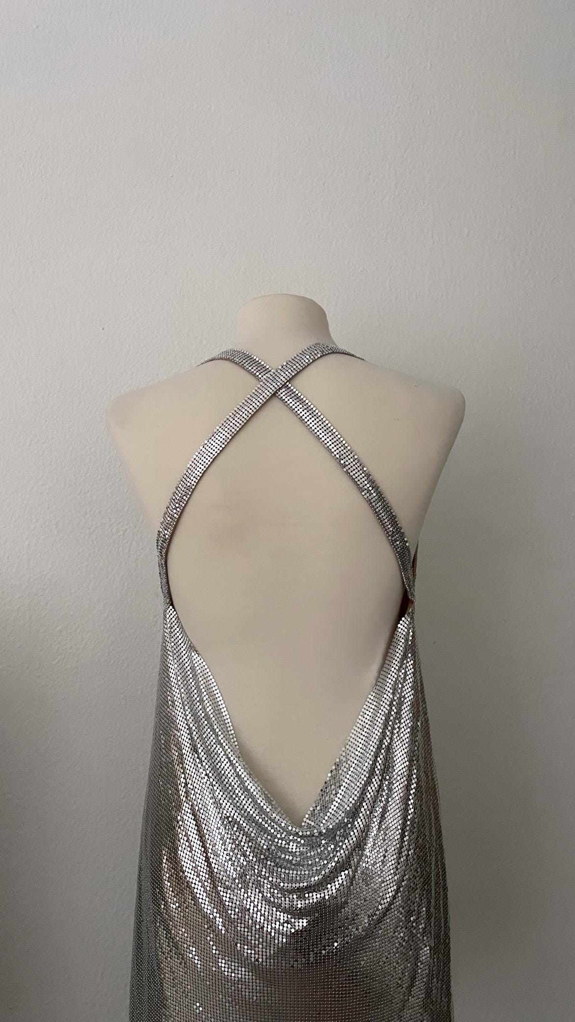 【新品】〈BIRTHDAY BASH〉SHEER CHECK NS FLARE Stargirl Mesh Dress (silver) | Chainmail Lined, Metal