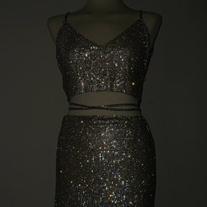 Crop Crystal Set Top & Skirt Bundle, Two Piece Set Crystal Mesh Chainmail Y2K Going out Outfit Party Look Sequin Night club Sparkly Rave image 5