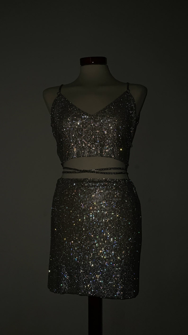 Crop Crystal Set Top & Skirt Bundle, Two Piece Set Crystal Mesh Chainmail Y2K Going out Outfit Party Look Sequin Night club Sparkly Rave image 5
