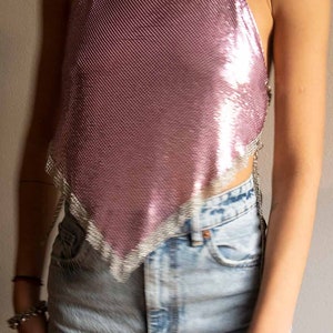 Popsicle Top (Pink) | Chainmail Mesh Top Party Look Going Out Top Y2K Halter Open Back Top Festival Clothing Rave Wear Rhinestone Costume