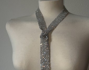 Tie Crystal Necklace (Silver) | Chainmail Metal Mesh Rhinestone Sparkly Sequins Rave Party Festival Wear Accessory Y2K 2000 Unisex Women Men