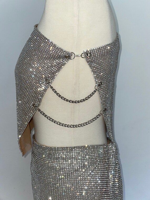 knee length dresses for ladies Black Strapless Two-Piece Rhinestone Mesh Maxi Dress Black / 8