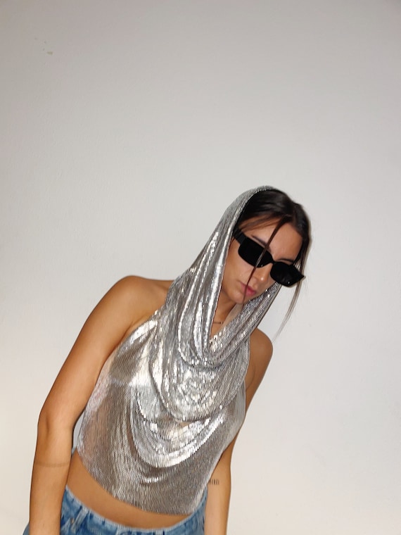 Venus Hooded Top 2-in-1 Top, Two Piece Metal Mesh Chainmail Party Outfit  Going Out Night Club Sequins Crop Top Y2K Festival Look Rave Wear 