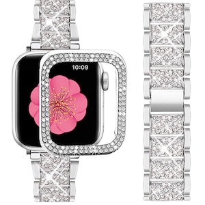 Apple watch Band with Case, Jewelry metal wristband strap with Bling crystal Protective cover for iWatch 7, 6,45mm,41mm, 44mm 42mm 40mm 38mm