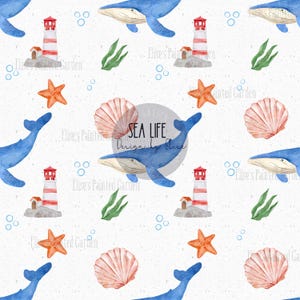 May include: Sea life themed seamless pattern featuring blue whales, red and white lighthouses, starfish, seashells, and green seaweed on a white background. The text "SEA LIFE Design by Elise" is in the center of the pattern.