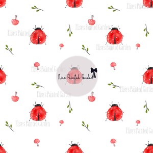 May include: A seamless pattern featuring red ladybugs with black spots and white mushrooms on a white background. The text "Elise's Painted Garden" is repeated throughout the pattern.