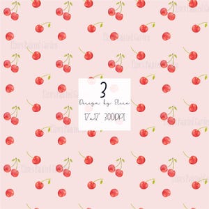 May include: A seamless digital paper pattern featuring a repeating design of red cherries on a light pink background. The pattern is 12 inches by 12 inches and 300 DPI. The text "Design by Elise" is included in the image.