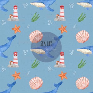 May include: A seamless pattern featuring a blue whale, a red and white lighthouse, a seashell, a starfish, and seaweed on a light blue background. The text "SEA LIFE" is in the centre of the pattern.