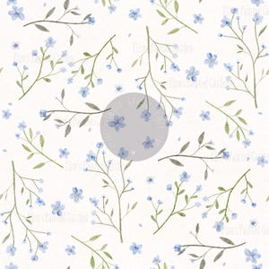 May include: A seamless pattern featuring delicate blue watercolor forget-me-not flowers with green stems and leaves on a white background. The pattern is perfect for crafting, scrapbooking, and digital design projects.