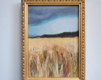 5x7 inch one of a kind original moody soft abstract impressionism landscape poppy field acrylic painting framed wall decor gift