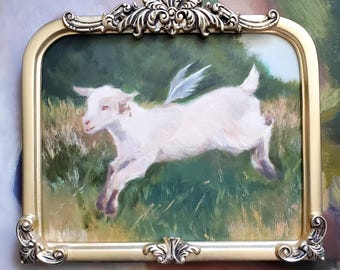 One of a Kind Framed 8x10 Winged Goat Fantasy Acrylic Painting Gift Home Decor