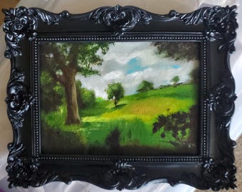 One of a kind original moody landscape field 5x7 painting green forest cottagecore Impressionism art in black ornate frame home decor gift