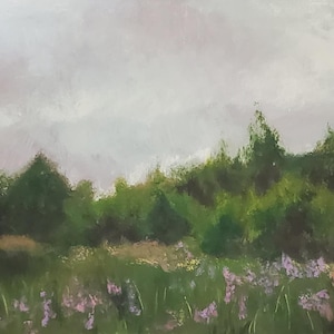 One of a kind original 8x10 in. horizontal acrylic landscape forest field grassy painting with pink purple and white flowers gift home decor