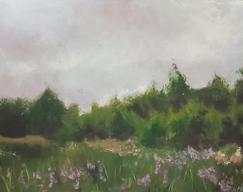 One of a kind original 8x10 in. horizontal acrylic landscape forest field grassy painting with pink purple and white flowers gift home decor