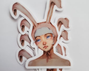 Sad Bunny Rabbit Ears Girl White Hair Blue Eyes Sticker 1.75 × 1.99 inches