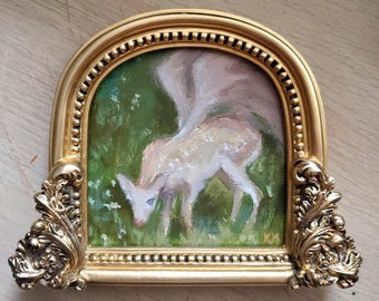 Small Framed One of a Kind 4x4 inch Acrylic Painting Fantasy Albino Winged Deer Gift Home Decor Art