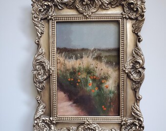 Framed one of a kind original 4x6 inch vertical orange poppy grassy field painting home decor gift
