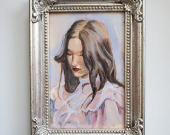 One of a kind original framed 4x6 inch acrylic vertical portrait painting woman in Victorian dress gift art wall decor