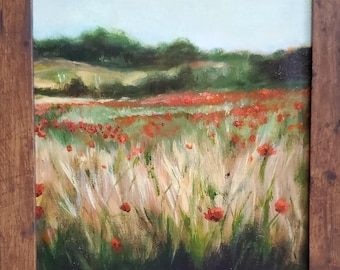 Framed one of a kind original 8x10 inch vertical poppy grassy field painting home decor gift