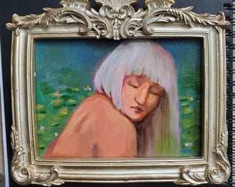 One of a kind original framed 5x7 inch acrylic horizontal portrait painting woman in lake with water lilies fantasy gift art wall decor
