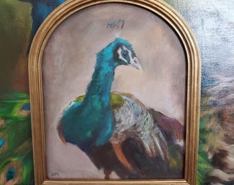 One of a Kind Arched Framed 8x10 Peacock Acrylic Painting Gift Home Decor Elegant Bird