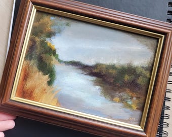 5x7 inch one of a kind original moody soft abstract impressionism landscape lake acrylic painting framed wall decor gift