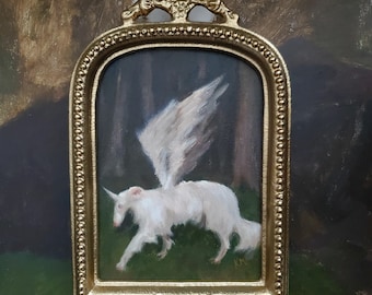 Original Framed Borzoi Dog Winged Unicorn Fancy Painting Acrylic Art Fantasy Home Decor Gift 5 x 7 inches