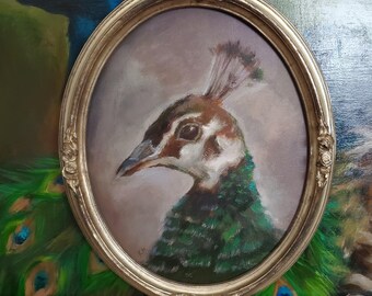 One of a Kind Framed 8x10 Peahen Acrylic Painting Gift Home Decor Peacock Elegant Bird