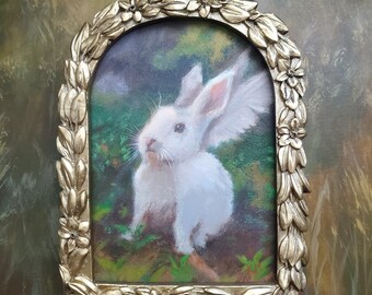 Original Framed Winged Rabbit 5x7 Acrylic Painting Art Home Decor Gift Fantasy Forest Woodland Creature