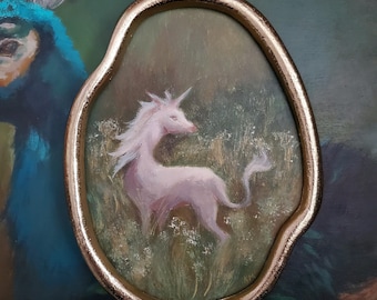 Framed One of a Kind Deer Unicorn Fantasy Acrylic Painting 6x8 Gold Forest Unique Gift Home Decor