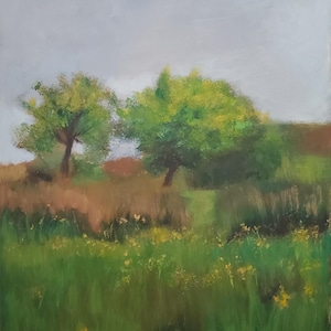 One of a kind original 8x10 inch vertical acrylic landscape trees in field green grassy painting with small yellow flowers gift home decor