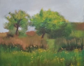 One of a kind original 8x10 inch vertical acrylic landscape trees in field green grassy painting with small yellow flowers gift home decor