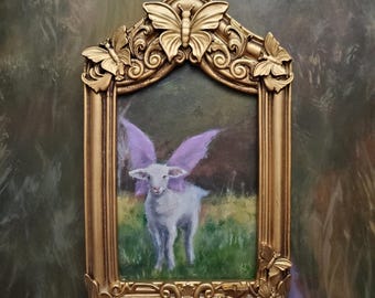 Original Framed Lamb with Butterfly Wings 4x6 inches Acrylic Fantasy Painting Art Gift Home Decor
